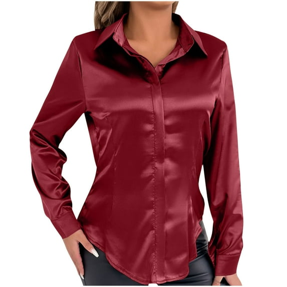 UYISJ Long Sleeve Button Down Shirts for Women Satin Silk Blouse Casual Business Work Office Tops Wine Red XL