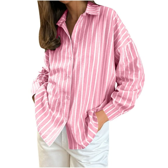 UYISJ Long Sleeve Button Down Shirts for Womens Cotton Striped Print Oversized Shackets Collared Office Work Blouses Tops Pink M