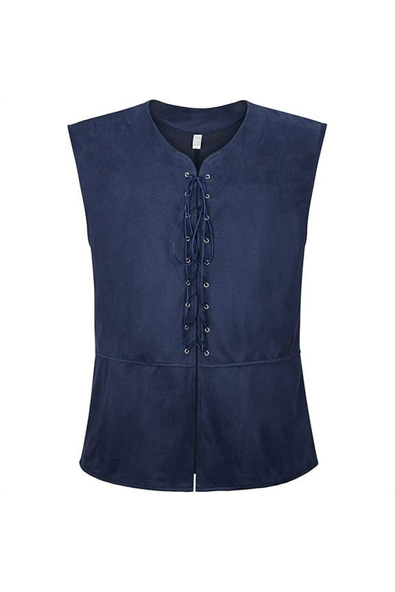 Men's Medieval Renaissance Vest Costume Gothic Steampunk Waistcoat Lace Up V Neck Waistcoats Sleeveless Tops Dark Blue L