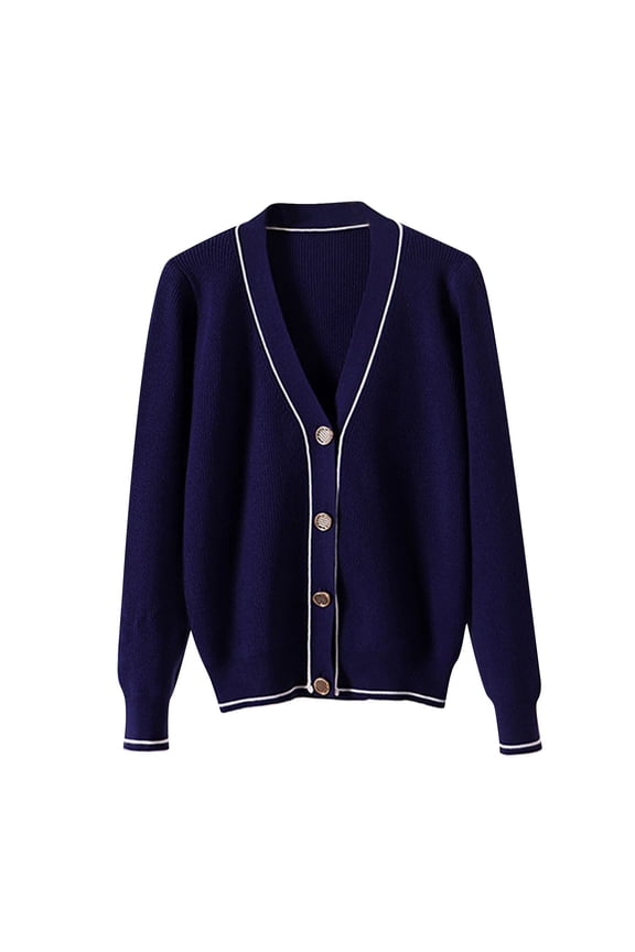 Open Front Cardigans for Women V Neck Solid Long Sleeve Button Down Lightweight Sweater Soft Knit Cardigan Coats Navy L