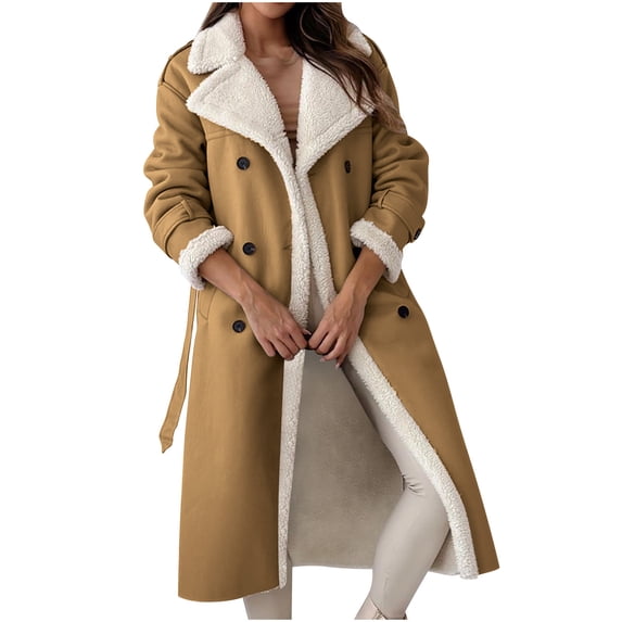 UYISJ Overcoats Sherpa Lined Womens Winter Coats Trendy Notched Lapel Long Fleece Jacket Warm Slim Fit Outerwear Khaki M