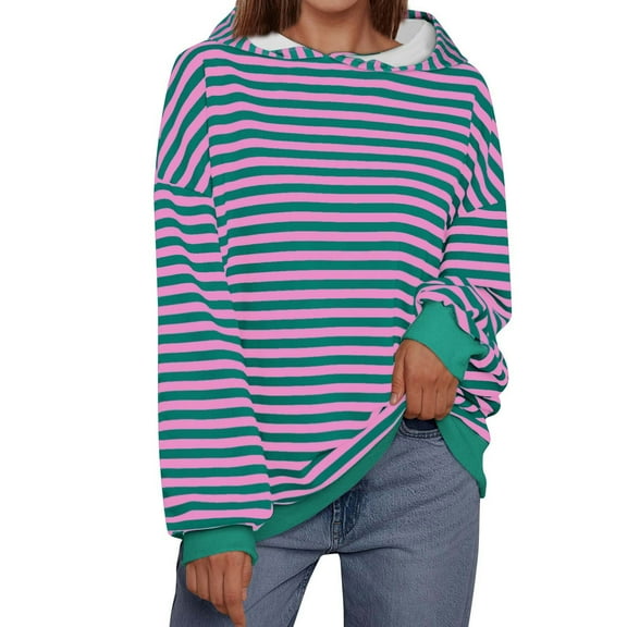 UYISJ Oversized Hoodies for Women Striped Sweatshirt Long Sleeve Pullover Tops Trendy Fall Color Blocked Clothes Hot Pink S