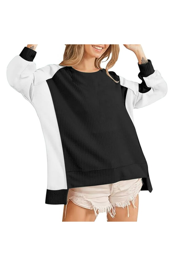 Oversized Sweatshirt for Women Waffle Knit Color Block Crewneck Long Sleeve Casual High Low Pullover Sweatshirts Tops L