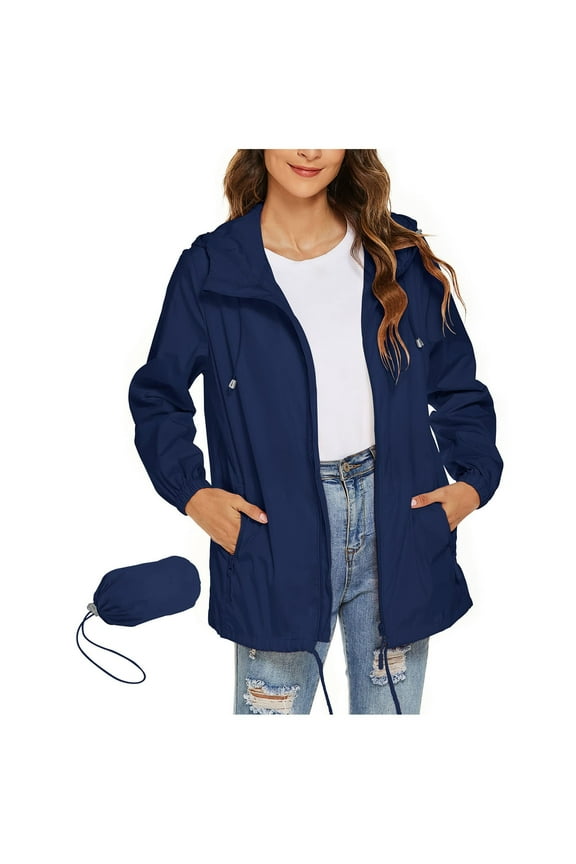 Packable Rain Jacket Women Lightweight Waterproof Raincoat with Hood Pockets Outdoor Hiking Travel Windbreaker Blue S
