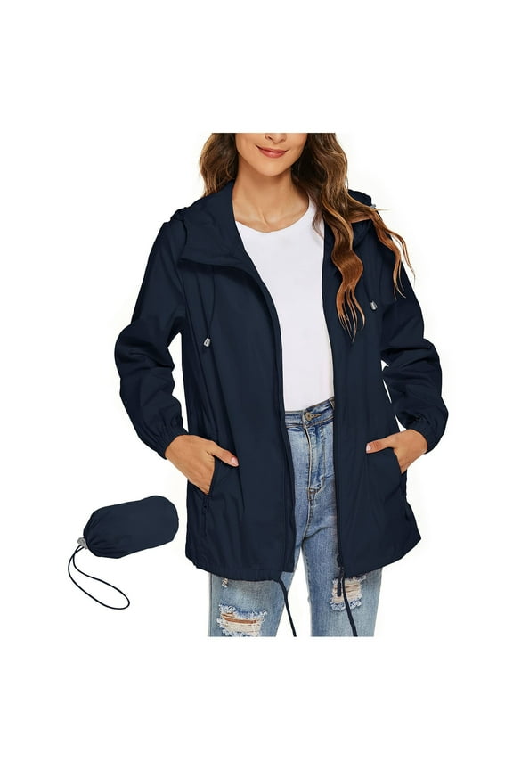 Packable Rain Jacket Women Lightweight Waterproof Raincoat with Hood Pockets Outdoor Hiking Travel Windbreaker Navy Blue XL