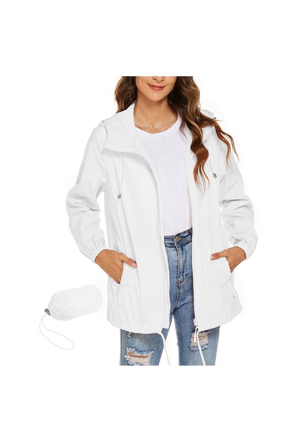 Packable Rain Jacket Women Lightweight Waterproof Raincoat with Hood Pockets Outdoor Hiking Travel Windbreaker White XXL