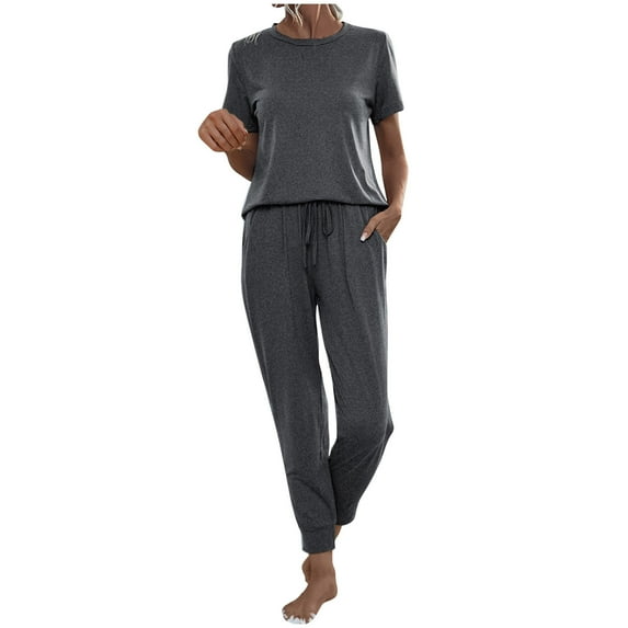 UYISJ Pajamas for Women 2 Piece Set Lounge Sets Short Sleeve Loungewear Top with Drawstring Joggers Pants Casual Summer Outfits