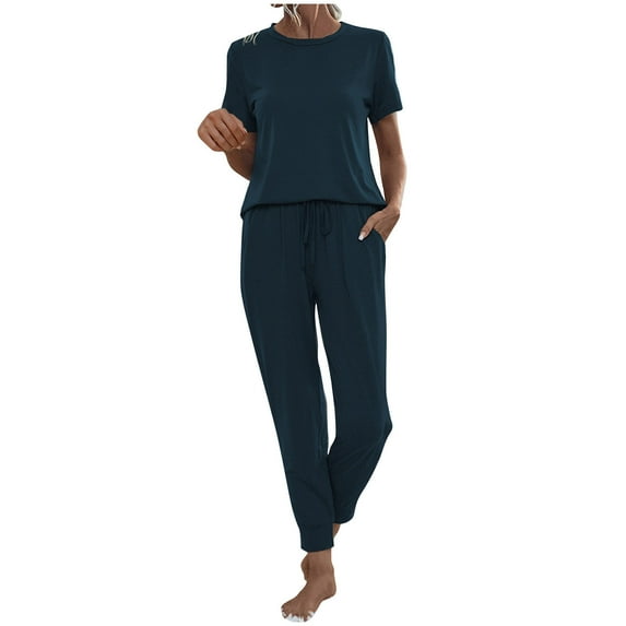 UYISJ Pajamas for Women 2 Piece Set Lounge Sets Short Sleeve Loungewear Top with Drawstring Joggers Pants Casual Summer Outfits