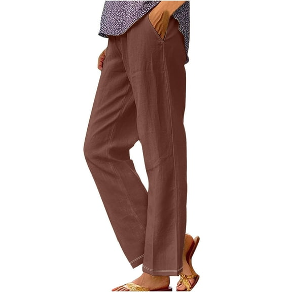 UYISJ Pants for Women Summer Spring Trendy Elastic Waist Pants Straight Leg Slack Casual Solid Color Lightweight Trousers with Pockets Brown L