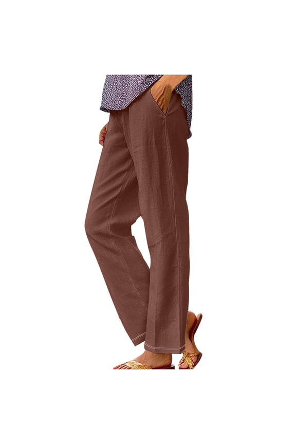 Pants for Women Summer Spring Trendy Elastic Waist Pants Straight Leg Slack Casual Solid Color Lightweight Trousers with Pockets Brown XL