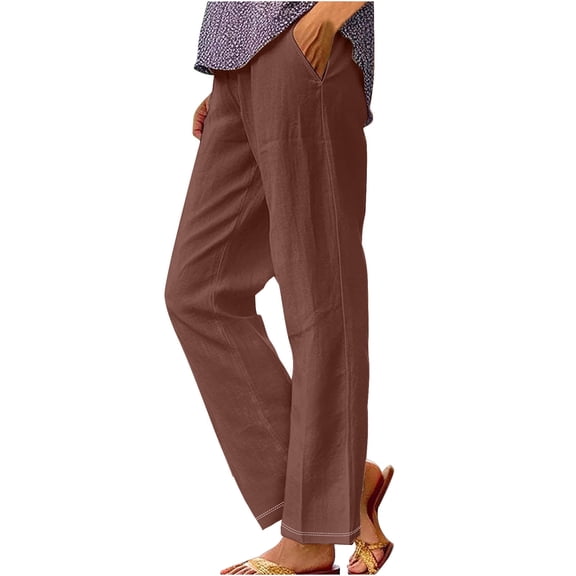 UYISJ Pants for Women Summer Spring Trendy Elastic Waist Pants Straight Leg Slack Casual Solid Color Lightweight Trousers with Pockets Brown XXL