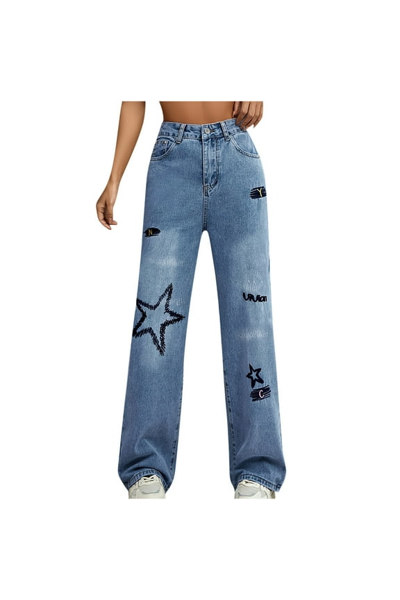 Pants for Women Trendy Vintage Wide Leg Flat Front Lounge Jeans Pants Casual Baggy High Waist Regular Fit Denim Work Pants Blue M