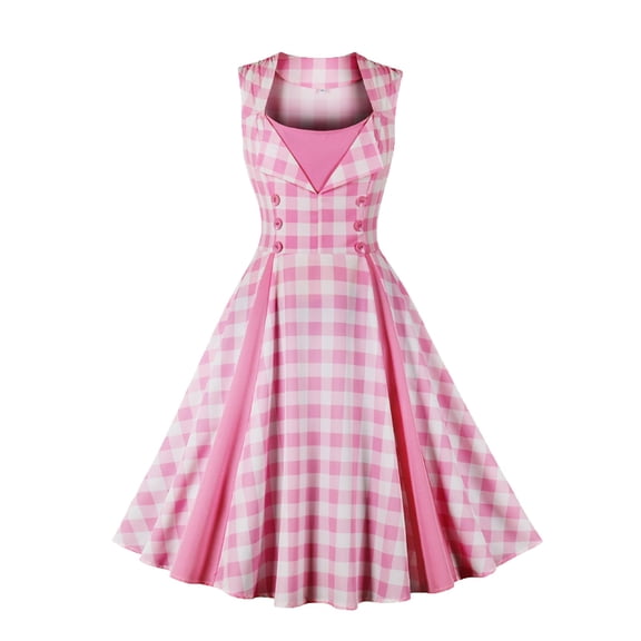 UYISJ Plaid Cocktail Party Dress for Women Lapel V Neck Double Breast 50s 60s Vintage Dress 1950s Retro Hepburn A-Line Swing Tea Dresses Pink S