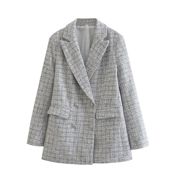 UYISJ Plaid Tweed Blazer Jacket for Women Fashion Elegant Open Front Casual Work Office Suit Coat with Pockets Gray S