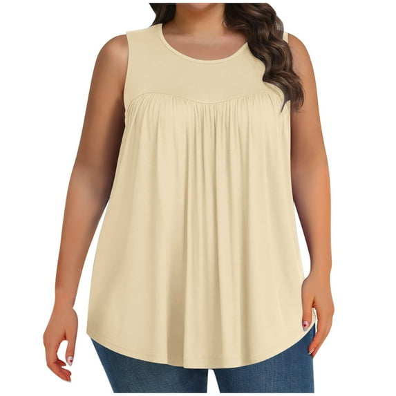 UYISJ Plus Size Tank Tops for Women Sleeveless Crew Neck Pleated T Shirt Summer Casual Loose Tunic Blouses Beige 3XL
