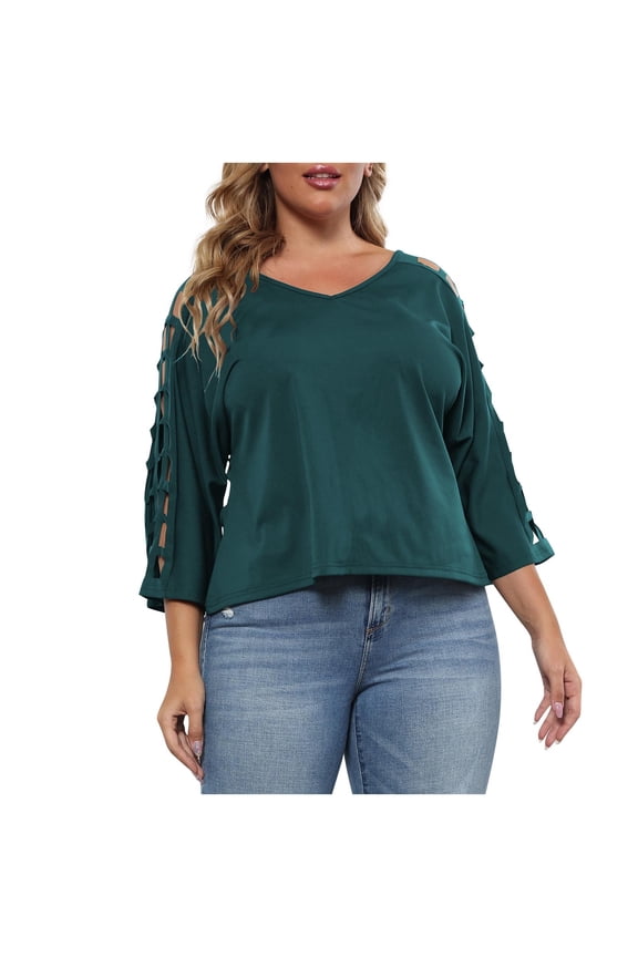 Plus Size Tops for Womens Three Quarters Sleeve Cut Out T Shirts Casual Solid Color V Neck Dropped Shoulder Blouse Tunic Tops Green 4XL
