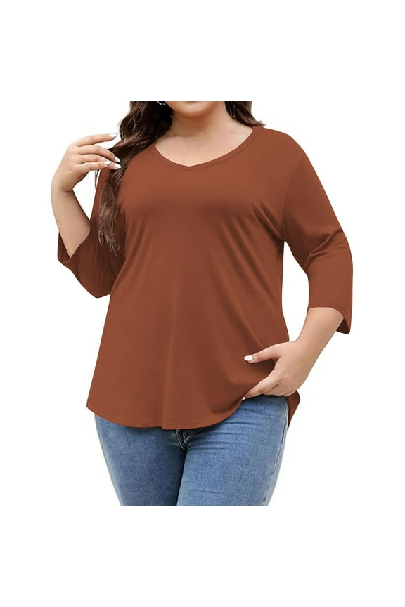 Plus Size Tops for Womens Three Quarters Sleeve T Shirts Casual Loose Fit Fall Tunic Blouse Brown 4XL