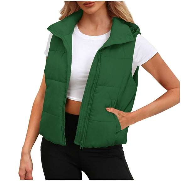 UYISJ Puffer Vest for Women Sleeveless Winter Cropped Outerwear Warm Puffer Lightweight Stand-up Collar Down with Pockets Green L
