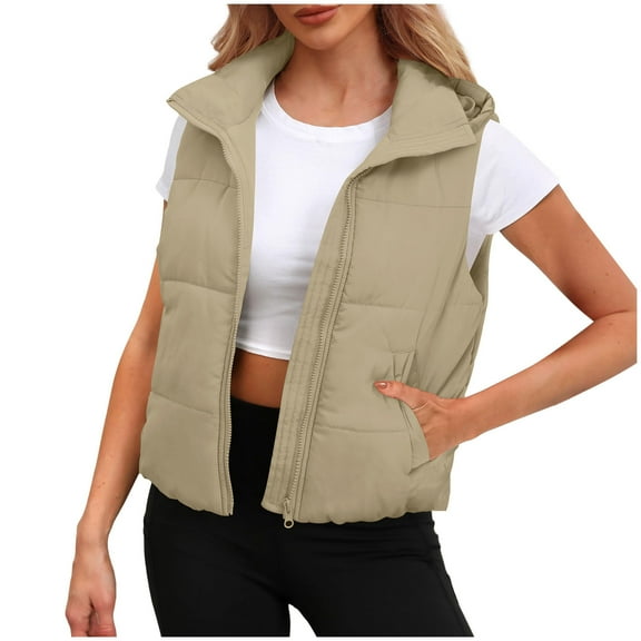 UYISJ Puffer Vest for Women Sleeveless Winter Cropped Outerwear Warm Puffer Lightweight Stand-up Collar Down with Pockets Khaki S