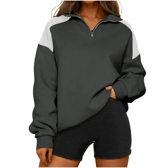 UYISJ Quarter Zip Sweatshirts For Women Fall Fashion Long Sleeve Color Block Casual Y2k Activewear Pullover Tops Dark Gray L