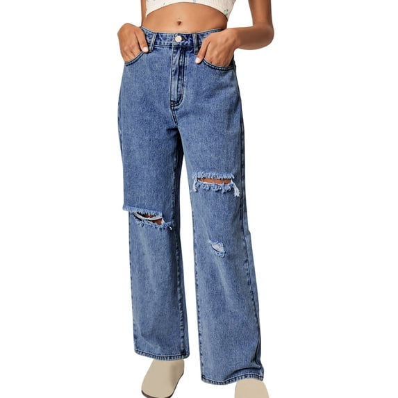 UYISJ Ripped Wide Leg Jeans for Women Mom Baggy Straight Leg Stretchy Boyfriend Trendy Trouser Denim Pants Dark Blue M