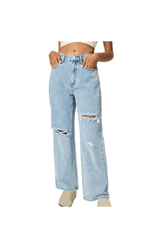 Ripped Wide Leg Jeans for Women Mom Baggy Straight Leg Stretchy Boyfriend Trendy Trouser Denim Pants Light Blue S