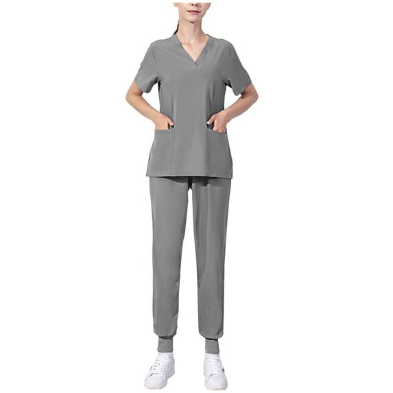 UYISJ Scrubs Sets for Women Stretch V-Neck Scrub Top & Jogger Pant Casual Regular Fit Outfits Solid Color Tracksuits with Pockets Gray XXL