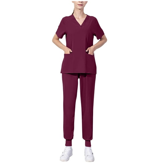UYISJ Scrubs Sets for Women Stretch V-Neck Scrub Top & Jogger Pant Casual Regular Fit Outfits Solid Color Tracksuits with Pockets Wine S