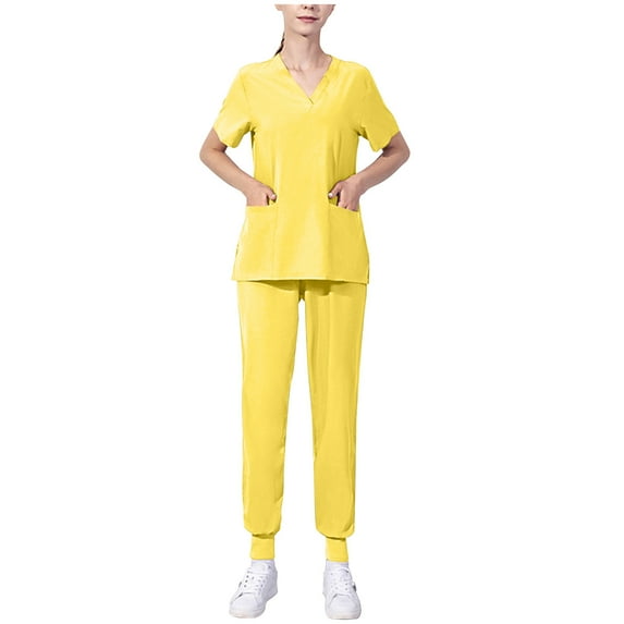 UYISJ Scrubs Sets for Women Stretch V-Neck Scrub Top & Jogger Pant Casual Regular Fit Outfits Solid Color Tracksuits with Pockets Yellow M