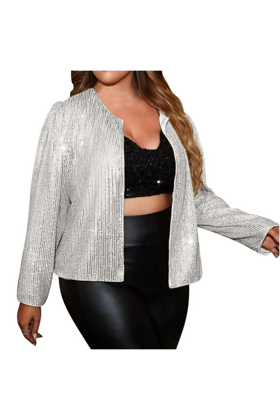 Sequin Jacket for Women Fashion Sparkle Cardigan Coat Long Sleeve Glitter Jackets Sparkly Blazer for Party Plus Size Silver XL