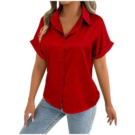 UYISJ Silk Button Down Shirts for Women Short Sleeve V Neck Summer Tunic Tops Casual Work Satin Blouses S