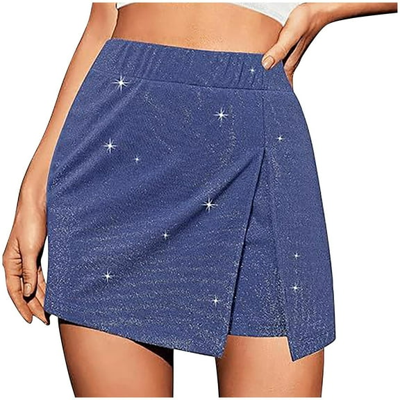 UYISJ Skorts for Women High Waisted Skirt with Shorts Side Slit Pull On Stretchy Mini Skirts Casual Shiny Velvet Going out Shorts Blue M