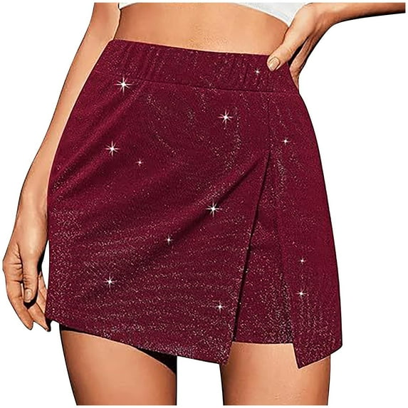 UYISJ Skorts for Women High Waisted Skirt with Shorts Side Slit Pull On Stretchy Mini Skirts Casual Shiny Velvet Going out Shorts Wine M