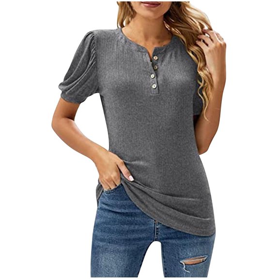 UYISJ Summer Short Sleeve Shirts for Women Button up Henley Tshirts Puffy Sleeve Causual Loose Fit Blouse Solid Color Tunic Tops Gray M