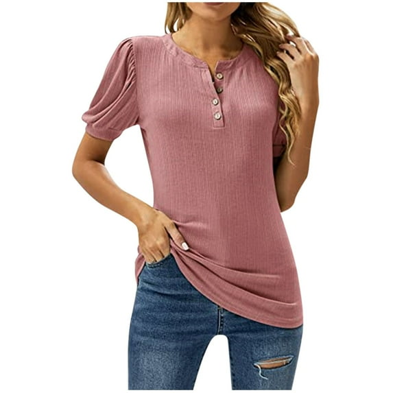 UYISJ Summer Short Sleeve Shirts for Women Button up Henley Tshirts Puffy Sleeve Causual Loose Fit Blouse Solid Color Tunic Tops Pink S