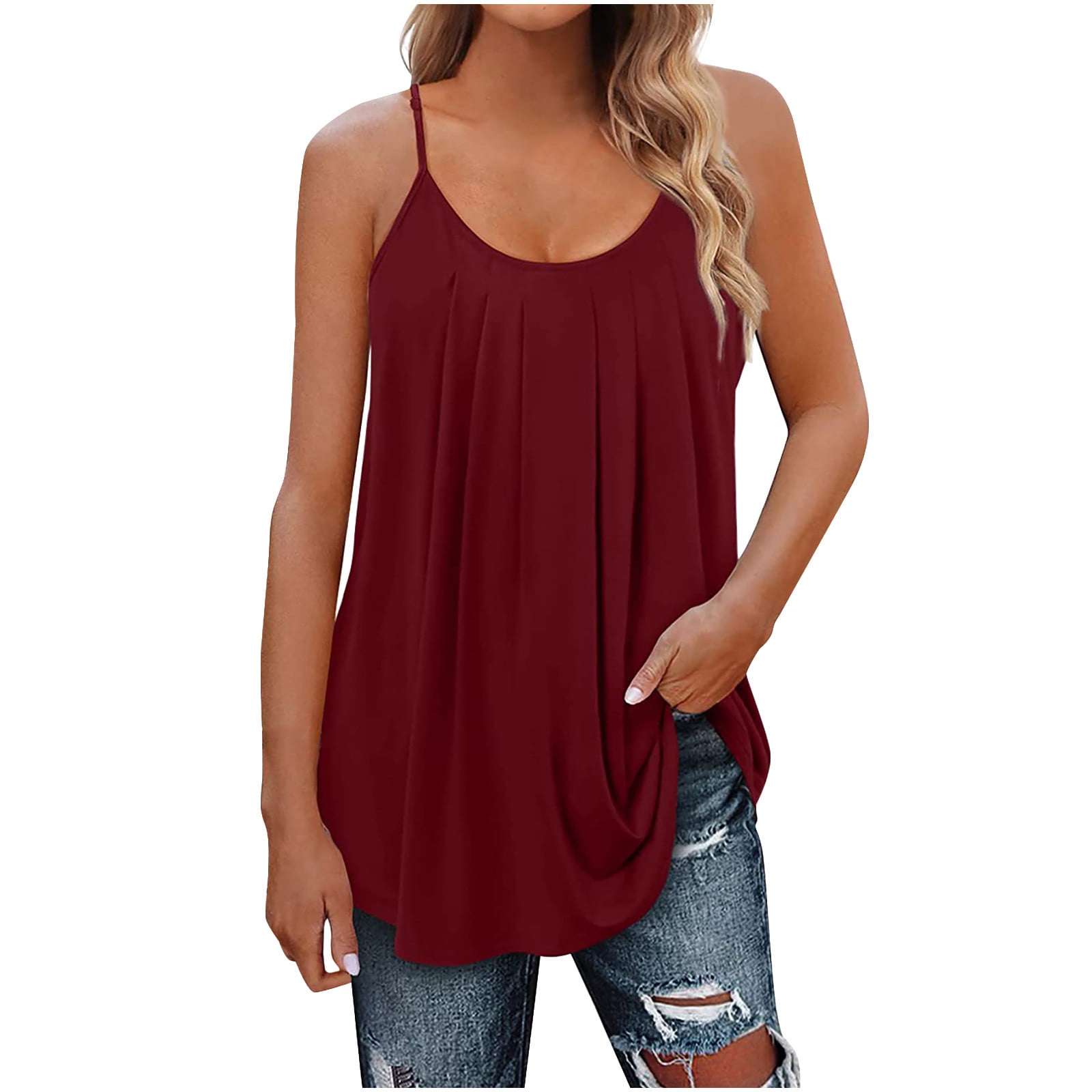 UYISJ Summer Tank Tops for Women Spaghetti Strap Pleated Flowy ...