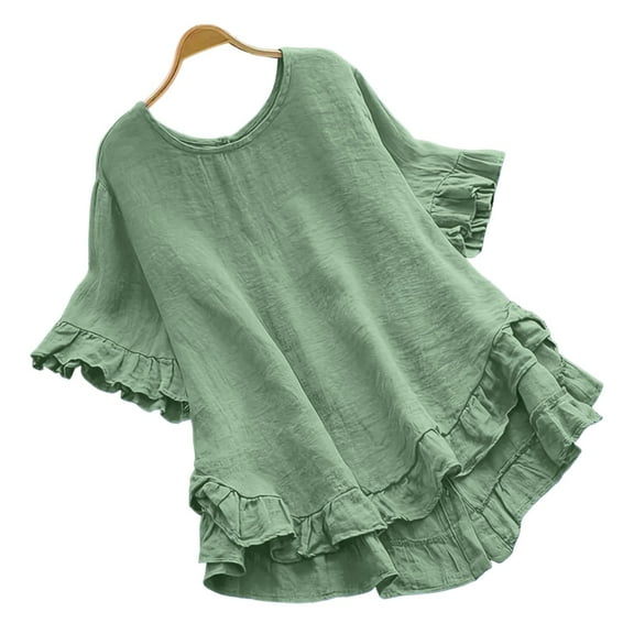 UYISJ Summer Tops for Women Linen Cotton Ruffle Short Sleeve Crewneck Shirts Elegant Peplum Tops Casual Blouse Solid Oversized Boho Blouse Tees