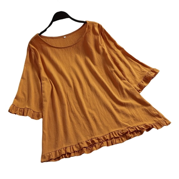 UYISJ Summer Tops for Women Plus Size Linen Cotton Ruffle Short Sleeve Crewneck Shirts Elegant Tops Casual Blouse Solid Oversized Boho Blouse Tees
