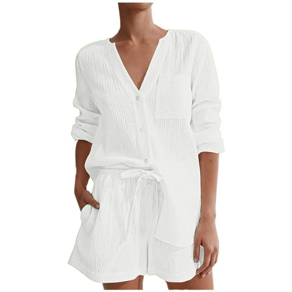 UYISJ Summer Vacation Outfits for Women Beach 2 Piece Set Solid Loungewear Long Sleeve Button Down Shirt and Shorts Set