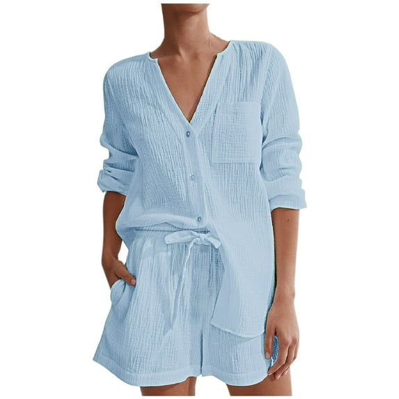 UYISJ Summer Vacation Outfits for Women Beach 2 Piece Set Solid Loungewear Long Sleeve Button Down Shirt and Shorts Set