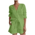 thumbnail image 1 of UYISJ Summer Vacation Outfits for Women Beach 2 Piece Set Solid Loungewear Long Sleeve Button Down Shirt and Shorts Set, 1 of 6