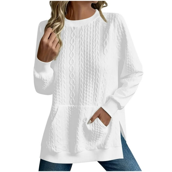 UYISJ Sweatshirts for Women Long Sleeve Side Slit Pullover Tops Fall Casual Crew Neck Oversized Knit Sweaters with Pockets S
