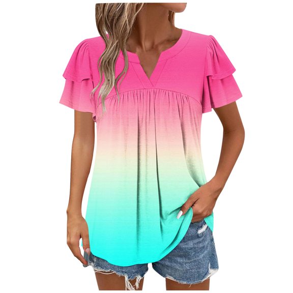 UYISJ T Shirts for Women Ruffle Layered Short Sleeve V Neck Pleated Tops Casual Lightweight Summer Flowy Tunic Blouse S