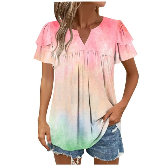 UYISJ T Shirts for Women Ruffle Layered Short Sleeve V Neck Pleated Tops Casual Lightweight Summer Flowy Tunic Blouse S