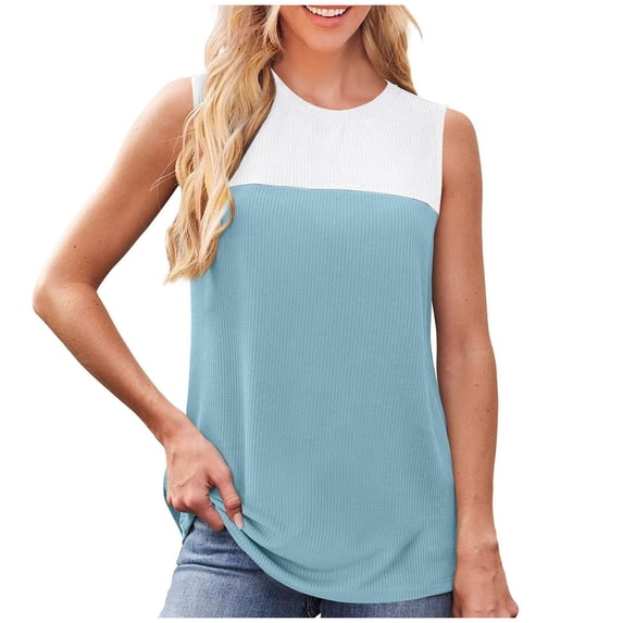 UYISJ Tank Top for Women Casual Knitted Summer Sleeveless Tops Crewneck Spring Color Block Shirts Fashion 2025 Sky Blue L