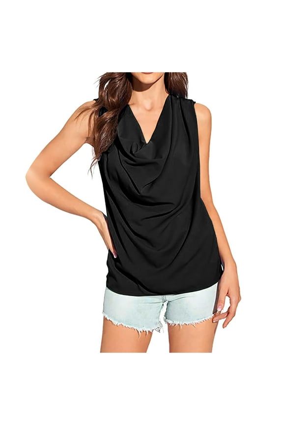 Tank Top for Women Sleeveless Cowl Neck Drape Ruched Front Blouse Trendy Going Out Tops Business Basic Tunic Shirt Black XXL