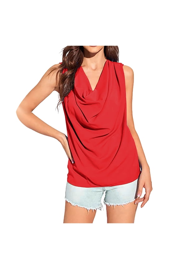 Tank Top for Women Sleeveless Cowl Neck Drape Ruched Front Blouse Trendy Going Out Tops Business Basic Tunic Shirt Red XXL