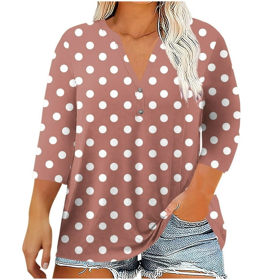 UYISJ Three Quarter Length Sleeve Womens Tops V Neck Button Plus Size Polka Dots Tunic Shirts Dressy Casual Business Ladies Blouses Brown XXL