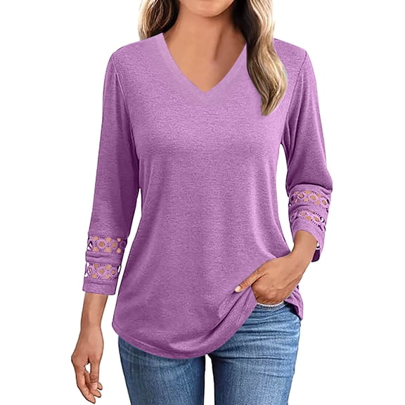 UYISJ Three Quarters Length Sleeve Womens V Neck Tops Dressy Casual Business T Shirts Fall Clothes Purple XL