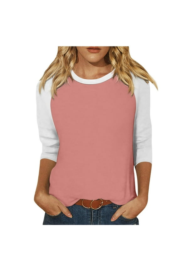 Tops for Women Trendy Pull Over Crew Neck 3/4 Sleeve Raglan Shirts Three Quarter Length Sleeve Tshirts Loose Fit Casual Soft Comfy Blouses Pink 4XL